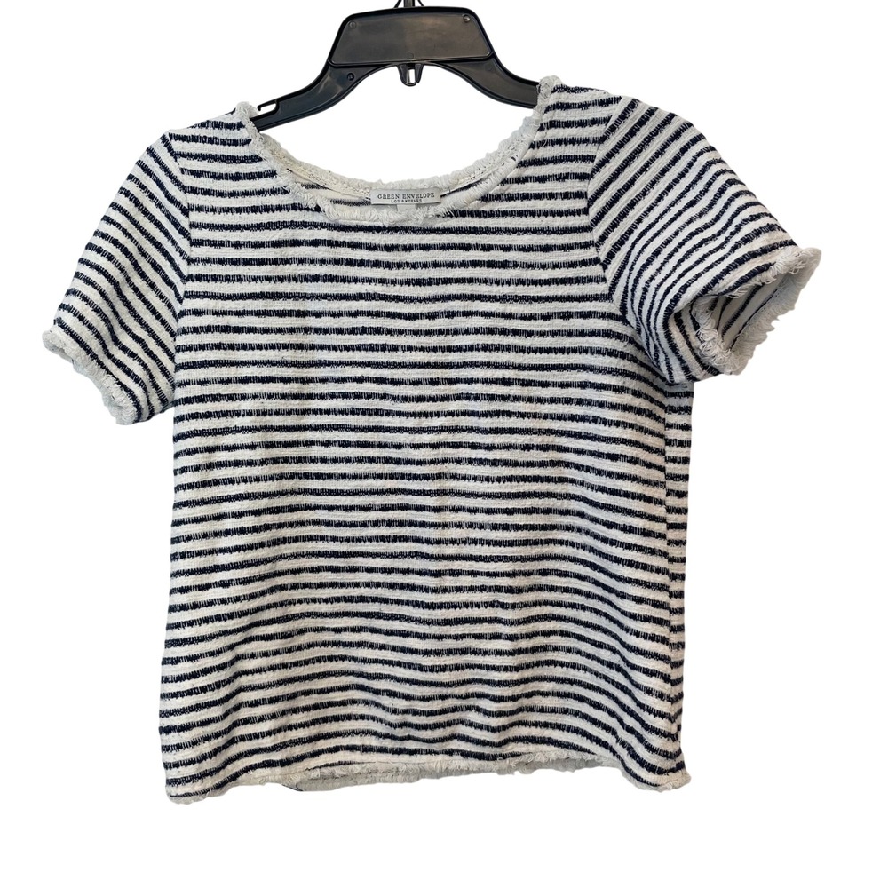 Green Envelope Striped Fringe Textured Top Blouse Navy Blue S Womens Round Neck